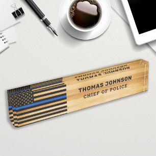 Rustic Police Officer Thin Blue Line Flag Wood Nameplate