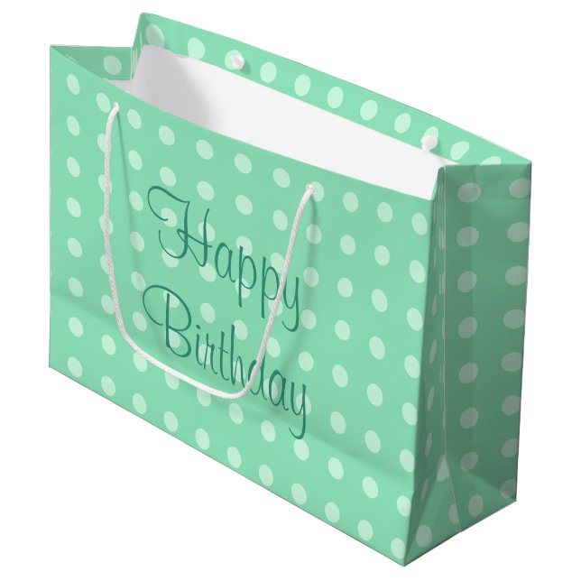 Rustic Polka Dots Mint Green Colour Happy Birthday Large Gift Bag (Front Angled)