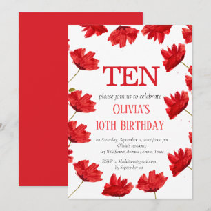 Rustic Poppy 10th Birthday Wildflower Red Floral Invitation