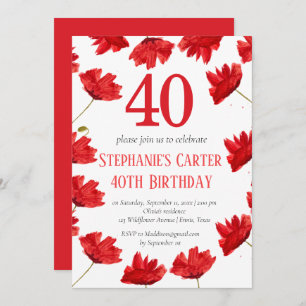 Rustic Poppy 40th Birthday Wildflower Red Floral Invitation