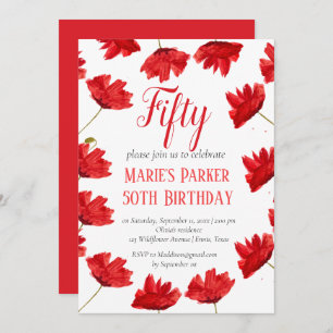Rustic Poppy 50th Birthday Wildflower Red Floral Invitation