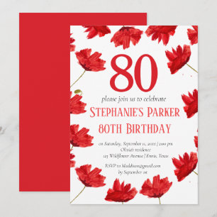 Rustic Poppy 80th Birthday Wildflower Red Floral Invitation