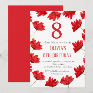Rustic Poppy 8th Birthday Wildflower Red Floral Invitation