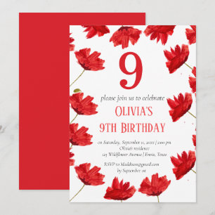 Rustic Poppy 9th Birthday Wildflower Red Floral Invitation