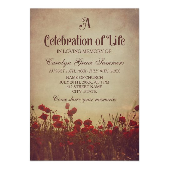 rustic poppy field celebration of life invitation zazzle celebration announcement