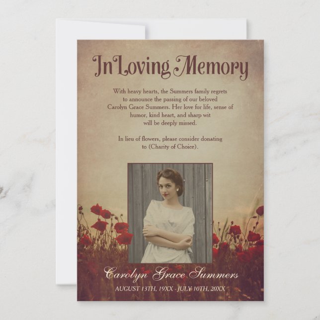 Rustic Poppy Field In Loving Memory Custom Photo Announcement (Front)