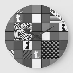 Rustic, Popular, Black and white, Patchwork, Simpl Large Clock