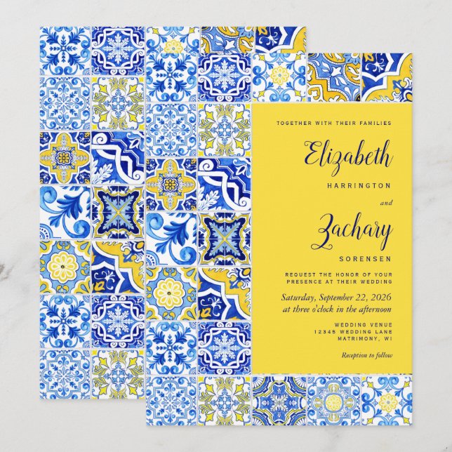 Rustic Portuguese Tile Blue Yellow Wedding Invitation (Front/Back)