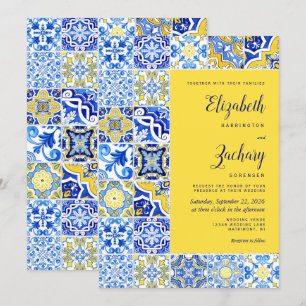 Rustic Portuguese Tile Blue Yellow Wedding Invitation