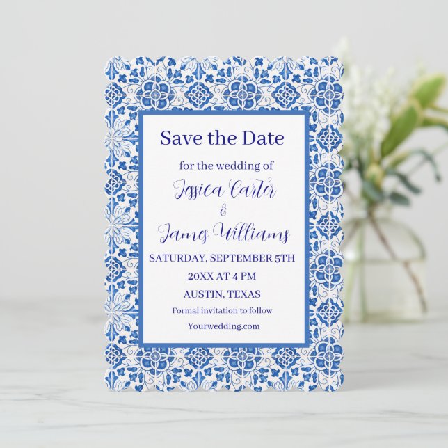 Rustic Portuguese Tiles Mediterranean Wedding Invitation (Standing Front)