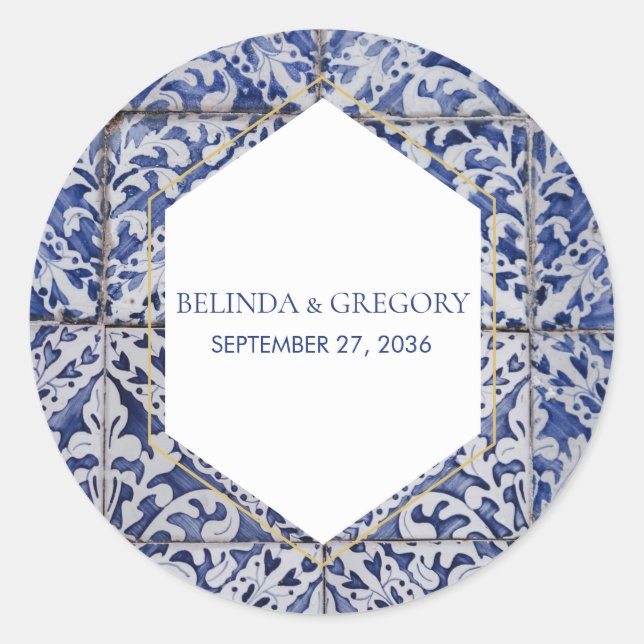 Rustic Portuguese Tiles Wedding Classic Round Sticker (Front)