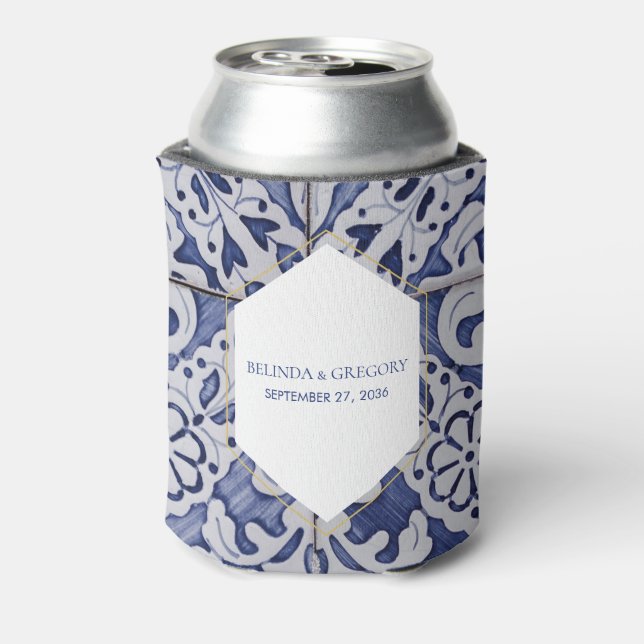 Rustic Portuguese Tiles Wedding Favour Can Cooler (Can Back)