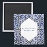 Rustic Portuguese Tiles Wedding Favour Magnet<br><div class="desc">This design features rustic Portuguese tile patterns. The wedding text is elegantly framed with a white and gold colour geometric shape. Unique Azulejo blue and white floral wedding favour design with modern elements. Matching wedding invitations and other stationery items are also available.</div>