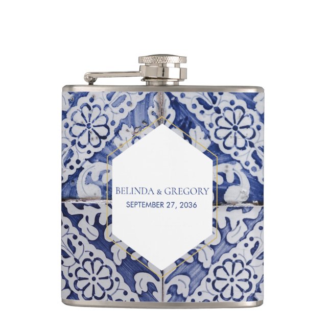 Rustic Portuguese Tiles Wedding Hip Flask (Front)