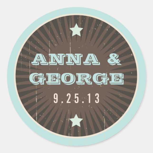 Rustic Poster: Blue & Cocoa Wedding Sticker Seal (Front)