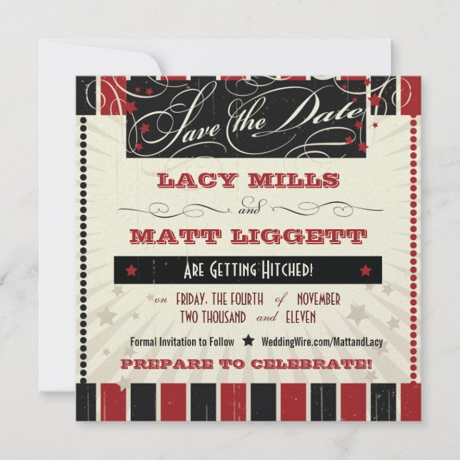 Rustic Poster: Red & Black Save the Date Invitation (Front)