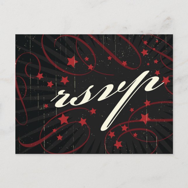 Rustic Poster: Red & Black Wedding RSVP Invitation Postcard (Front)