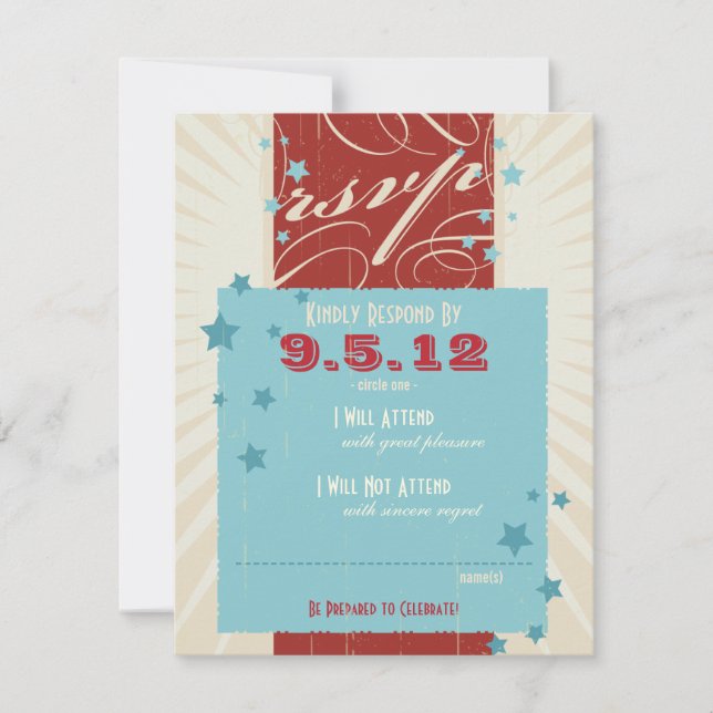 Rustic Poster: Red, White & Blue Wedding RSVP Invitation (Front)