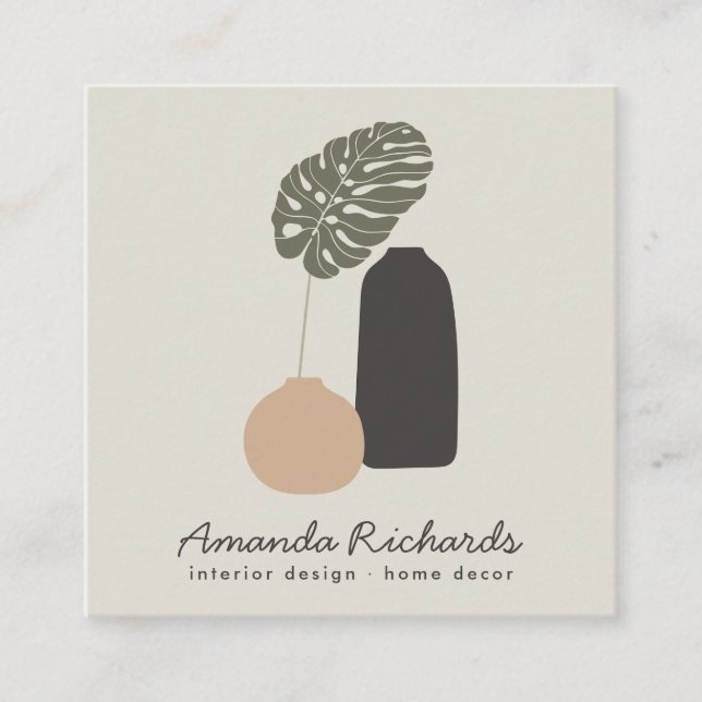 Rustic pottery decor plants boho beige interiors square business card (Front)