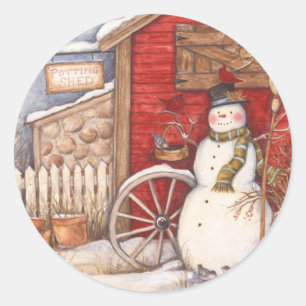 Rustic Potting Shed Christmas Snowman Classic Round Sticker