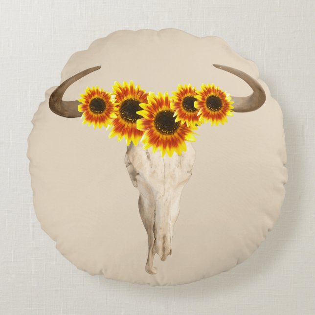 Rustic Prairie Cow Skull & Sunflowers Round Cushion (Front)