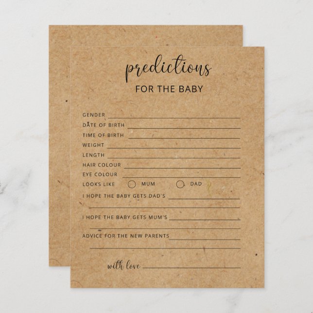 Rustic - Predictions and advice baby shower game (Front/Back)