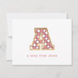 Rustic & Preppy "A" Pink Gingham on Wood Girly Card