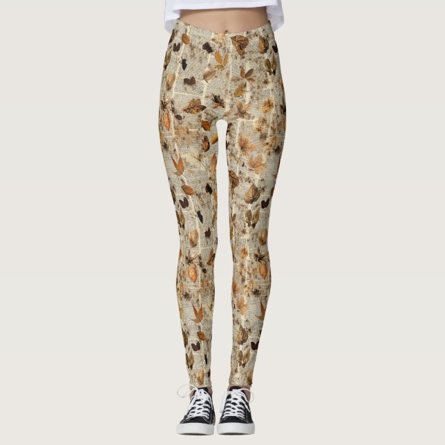 Rustic Pressed Leaves Pattern –Autumn Botanical 16 Leggings (Front)