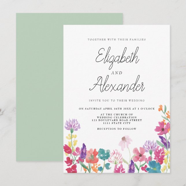 Rustic pressed wild flowers backyard wedding invitation (Front/Back)