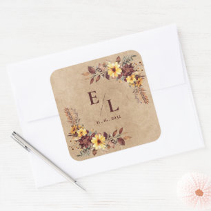 Rustic Pretty Autumn Fall Floral Monogram Wedding Square Sticker