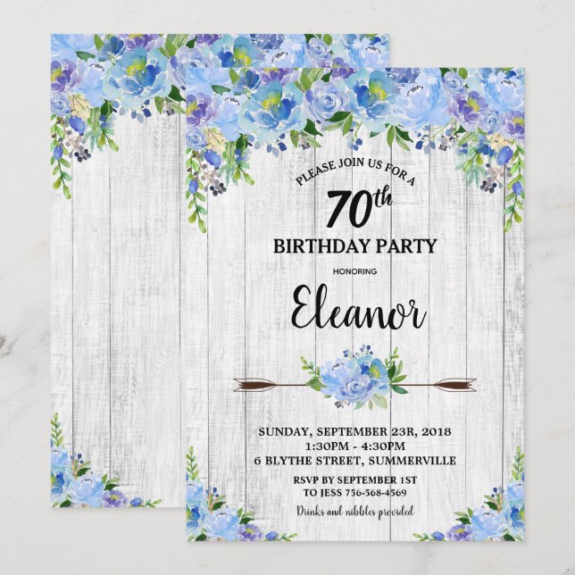 Rustic Pretty Blue Floral Flowers 70th Birthday Invitation (Front/Back)