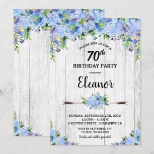 Rustic Pretty Blue Floral Flowers 70th Birthday Invitation