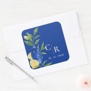 Rustic Pretty Monogram Blue Yellow Lemon Wedding Square Sticker