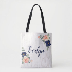 Rustic Pretty Navy Blue, Peach Floral Personalised Tote Bag