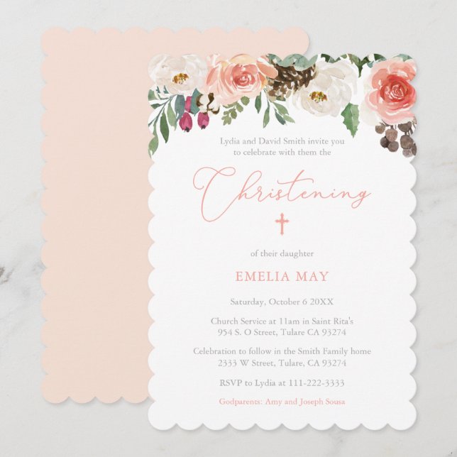 Rustic Pretty Peach Floral Girl Christening Party Invitation (Front/Back)