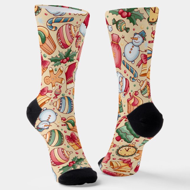 Rustic pretty retro Gingerbread Ornament Beige Socks (Angled)
