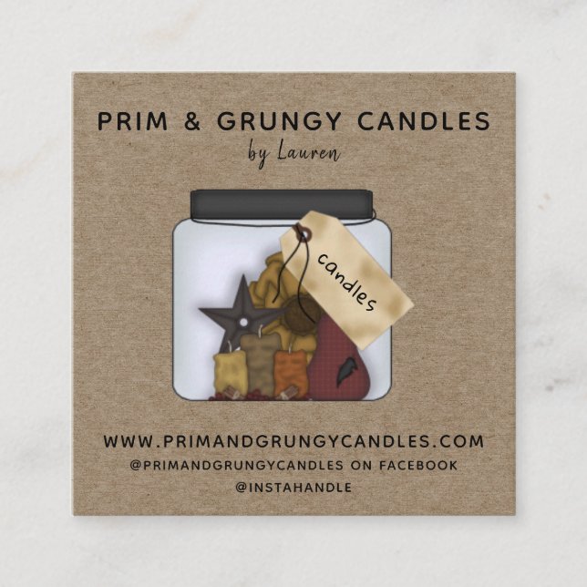 RUSTIC PRIMITIVE COUNTRY GRUBBY CANDLE SQUARE BUSINESS CARD (Front)