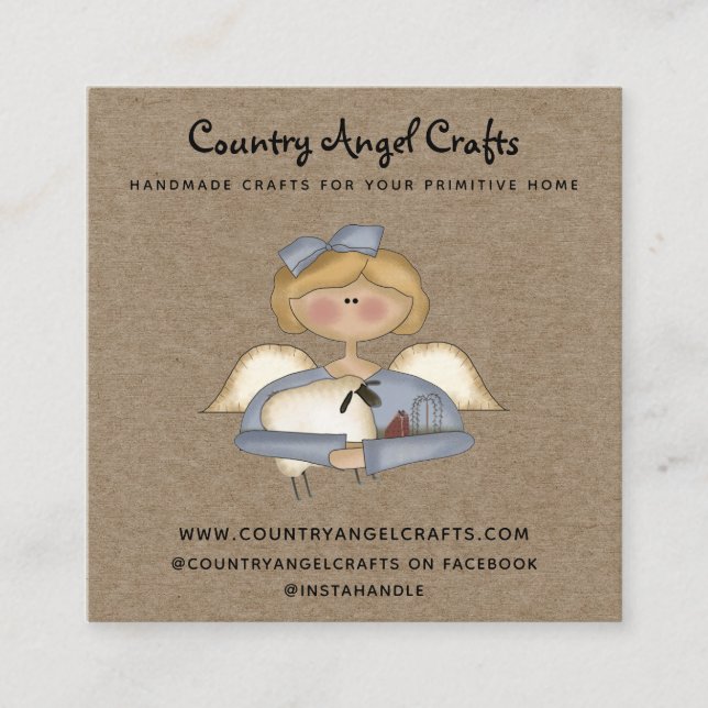 Rustic Primitive Country Kraft Angel Square Business Card (Front)