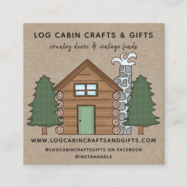 RUSTIC PRIMITIVE COUNTRY LOG CABIN ON KRAFT SQUARE BUSINESS CARD (Front)