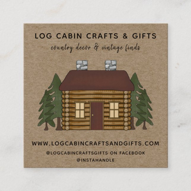 RUSTIC PRIMITIVE COUNTRY LOG CABIN ON KRAFT SQUARE BUSINESS CARD (Front)