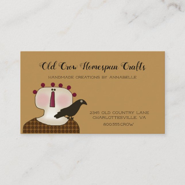 Rustic Primitive Country Primitive Doll and Crow  Business Card (Front)