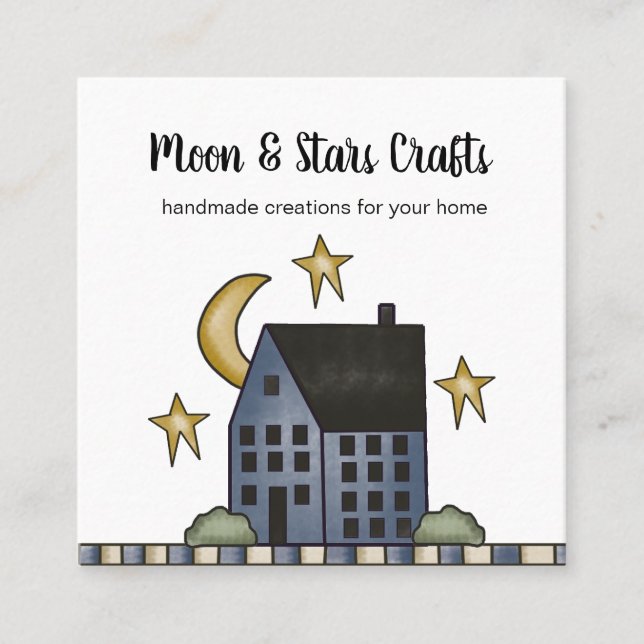 Rustic Primitive Country Saltbox House Moon Stars Square Business Card (Front)