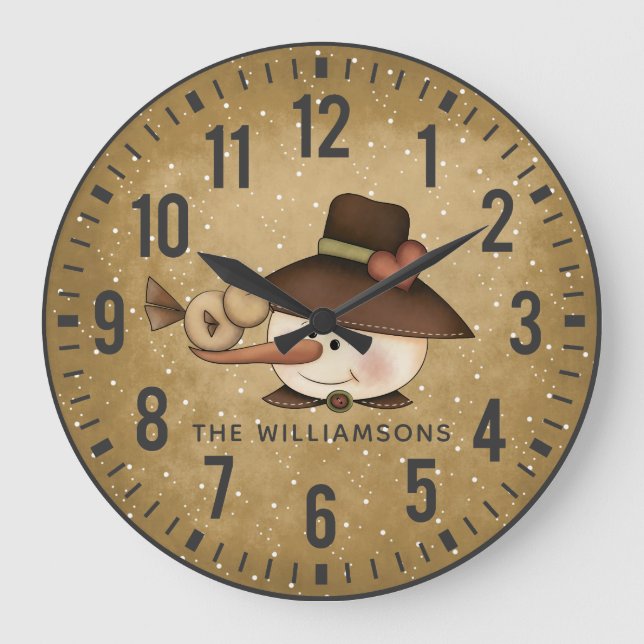 Rustic Primitive Snowman Personalised Large Clock (Front)