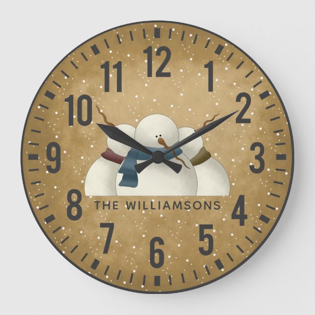 Rustic Primitive Snowmen Christmas  Personalised Large Clock (Front)