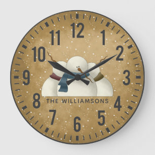 Rustic Primitive Snowmen Christmas  Personalised Large Clock