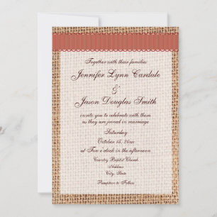 Rustic Printed Burlap Burnt Orange Ribbon Wedding Invitation