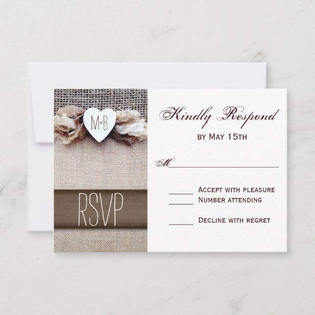 Rustic Printed Burlap Heart Initials Wedding RSVP (Front)