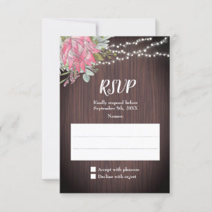Rustic Protea Eucalyptus Lights Wood Wedding RSVP Card