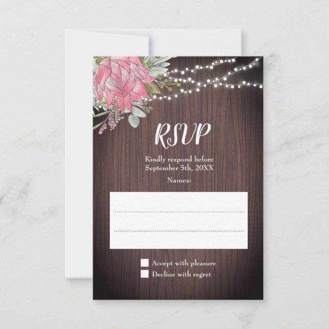 Rustic Protea Eucalyptus Lights Wood Wedding RSVP Card (Front)