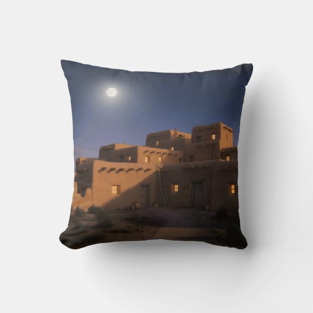 Rustic Pueblo Adobe Home Under Moonlit Sky Cushion (Front)